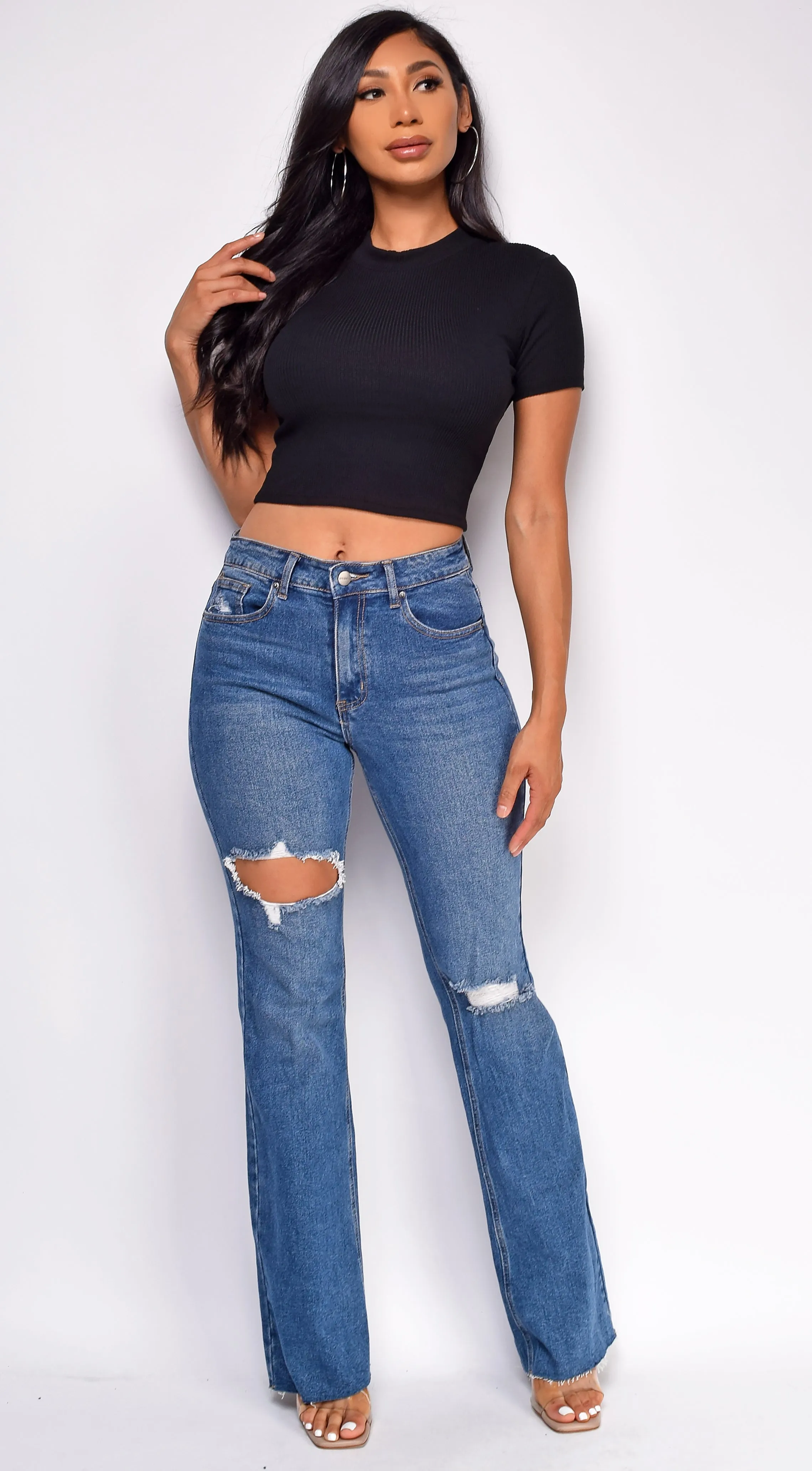Kindra Blue Dark Wash Distressed Flared Denim Jeans