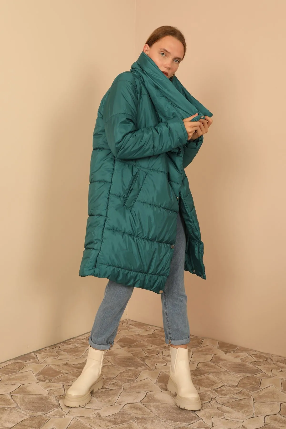 KKT Quilted Fabric Long Sleeve Shawl Collar Long Wide Fastened Women Coat-Emerald Green - Bullhead City