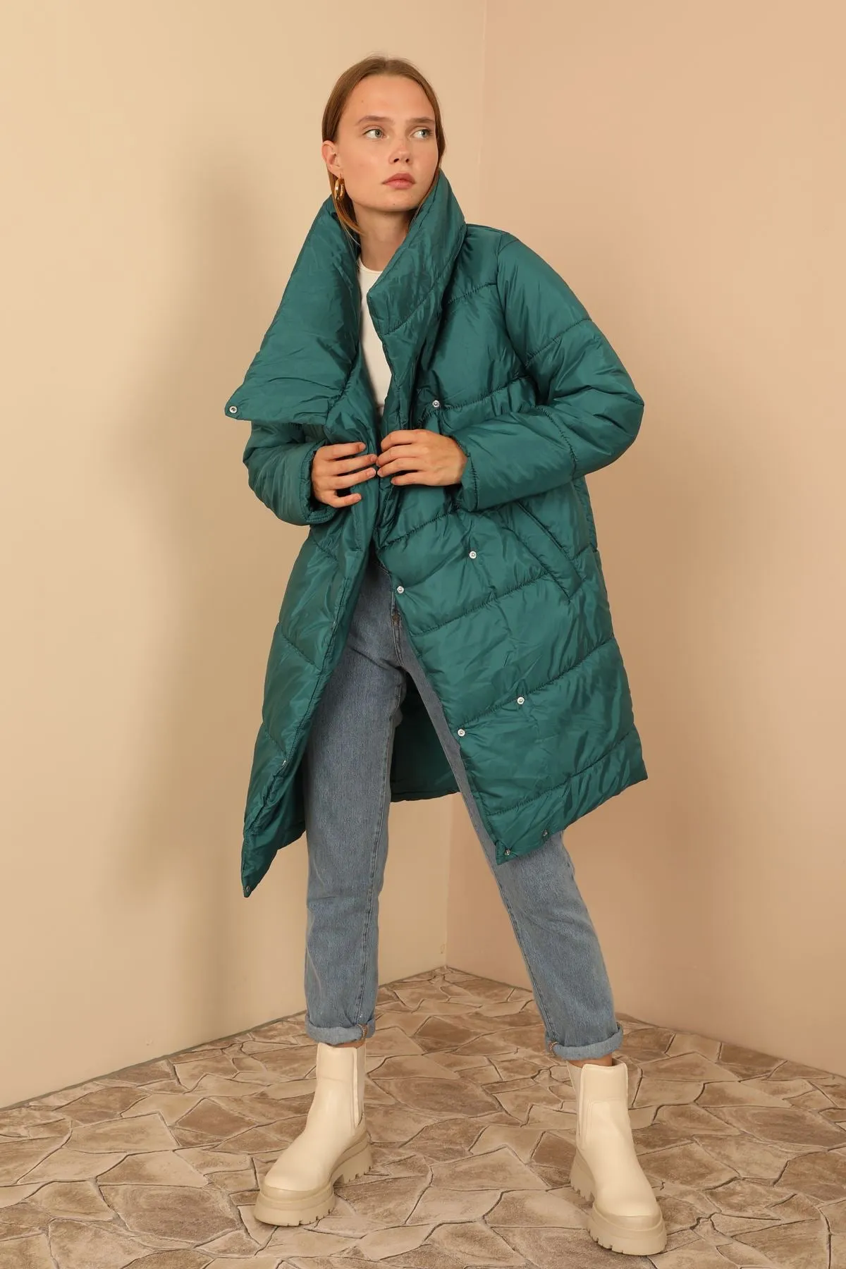 KKT Quilted Fabric Long Sleeve Shawl Collar Long Wide Fastened Women Coat-Emerald Green - Bullhead City