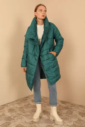 KKT Quilted Fabric Long Sleeve Shawl Collar Long Wide Fastened Women Coat-Emerald Green - Bullhead City