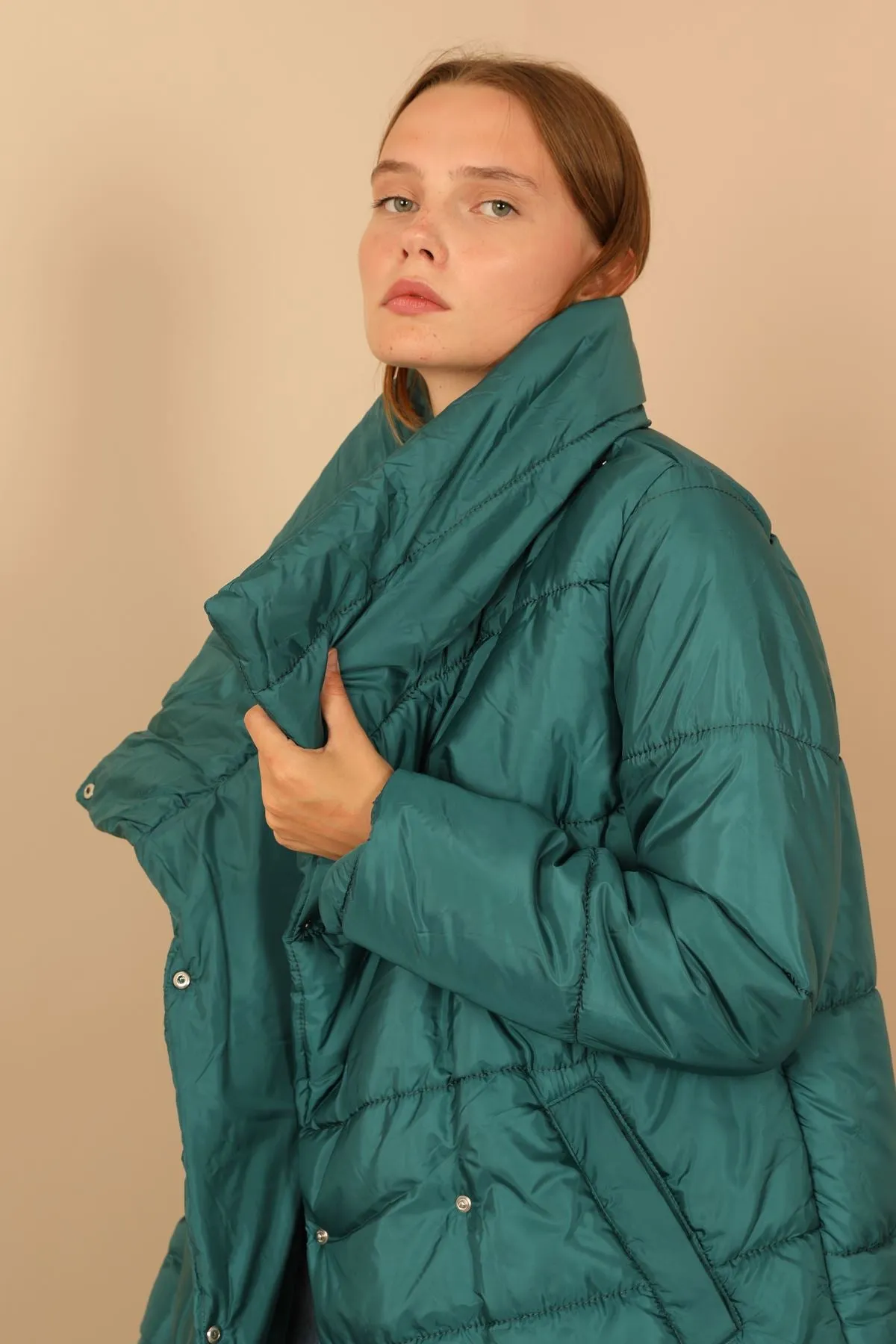 KKT Quilted Fabric Long Sleeve Shawl Collar Long Wide Fastened Women Coat-Emerald Green - Bullhead City
