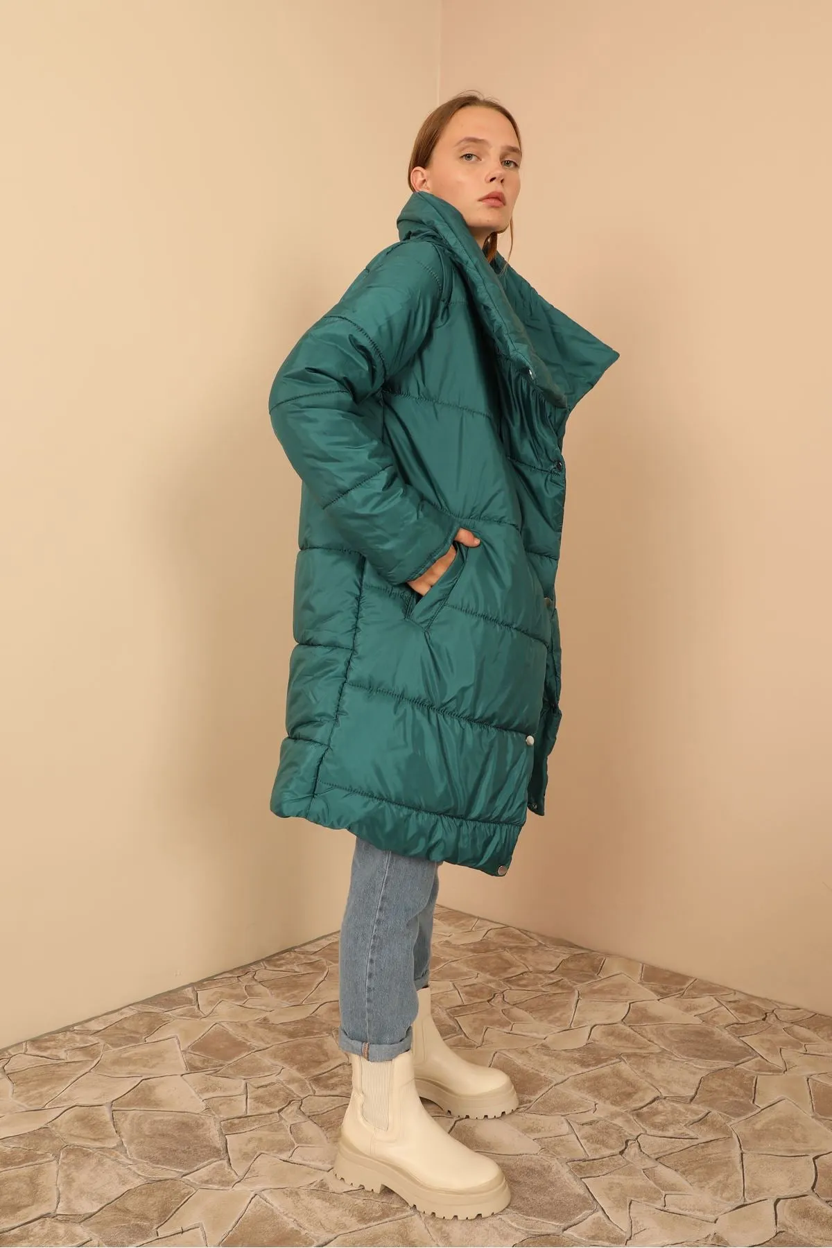 KKT Quilted Fabric Long Sleeve Shawl Collar Long Wide Fastened Women Coat-Emerald Green - Bullhead City
