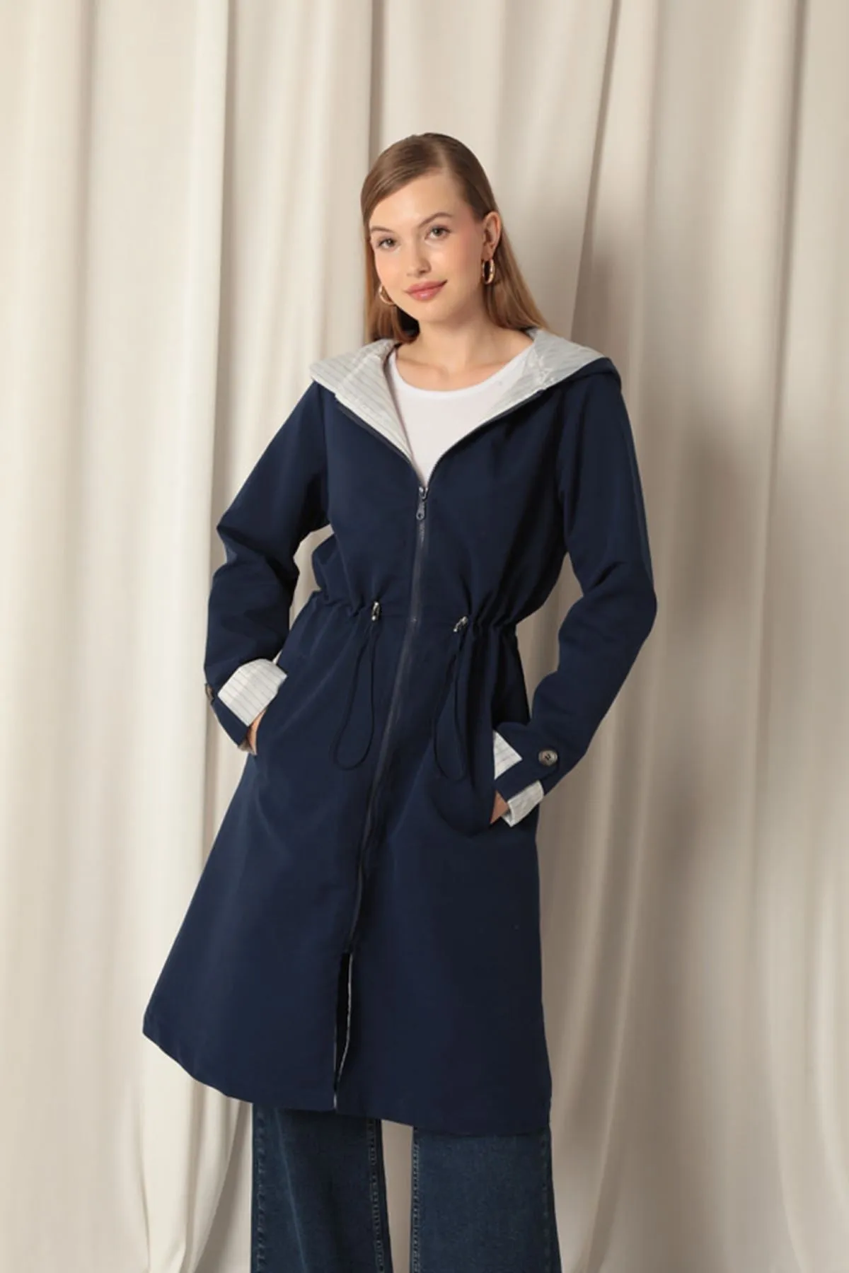 KKT Torino Fabric Striped Hooded Women's Navy Blue Raincoat - Caltagirone