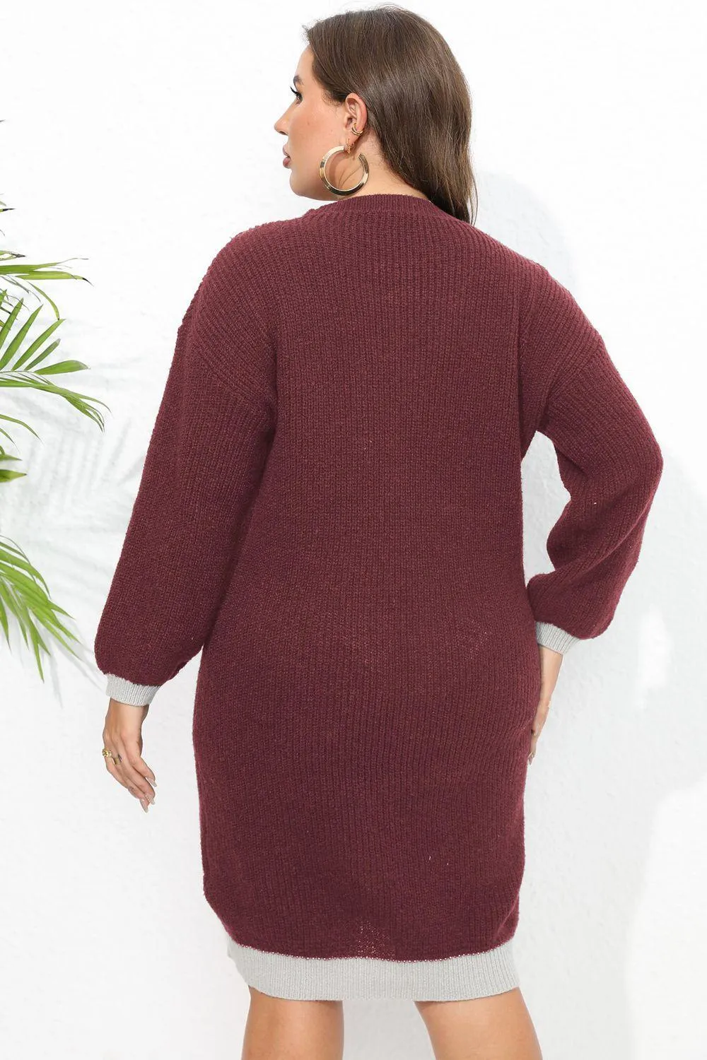 Knee-Length V-Neck Plus Size Sweater Dress