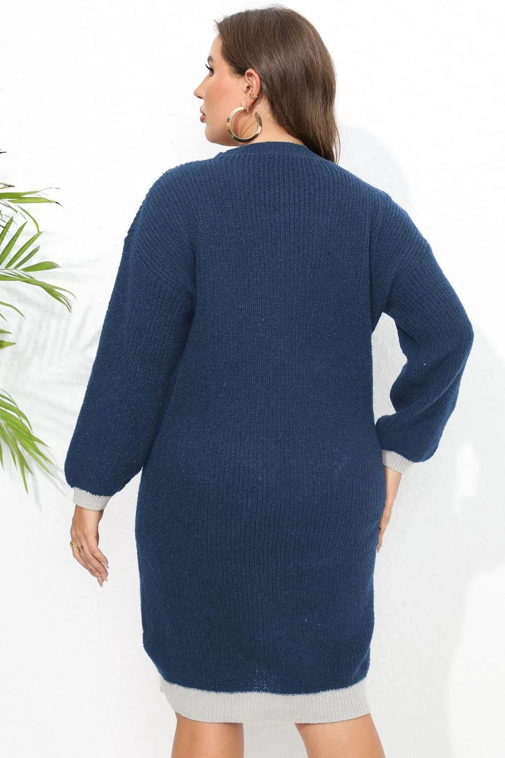 Knee-Length V-Neck Plus Size Sweater Dress