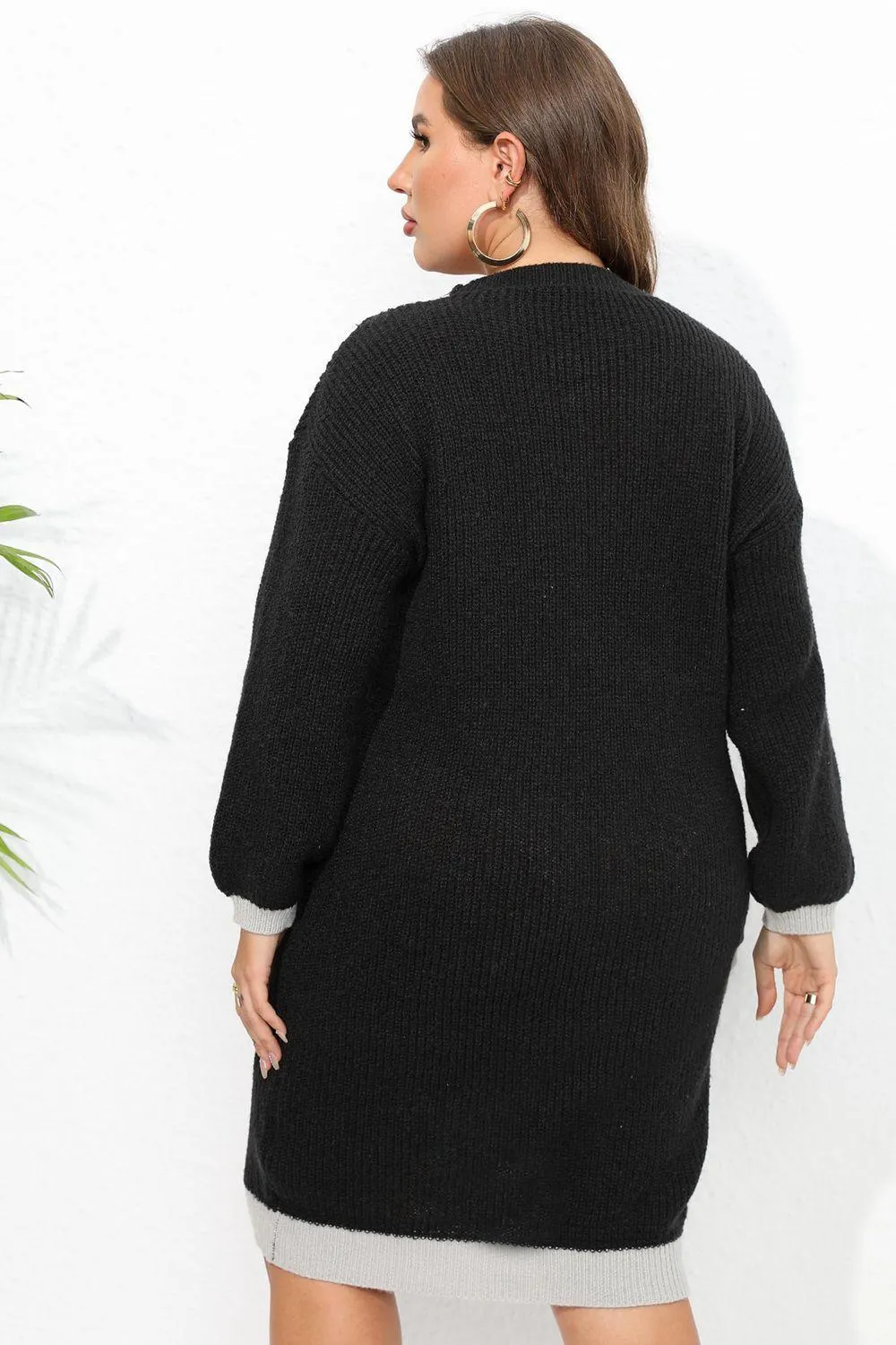 Knee-Length V-Neck Plus Size Sweater Dress