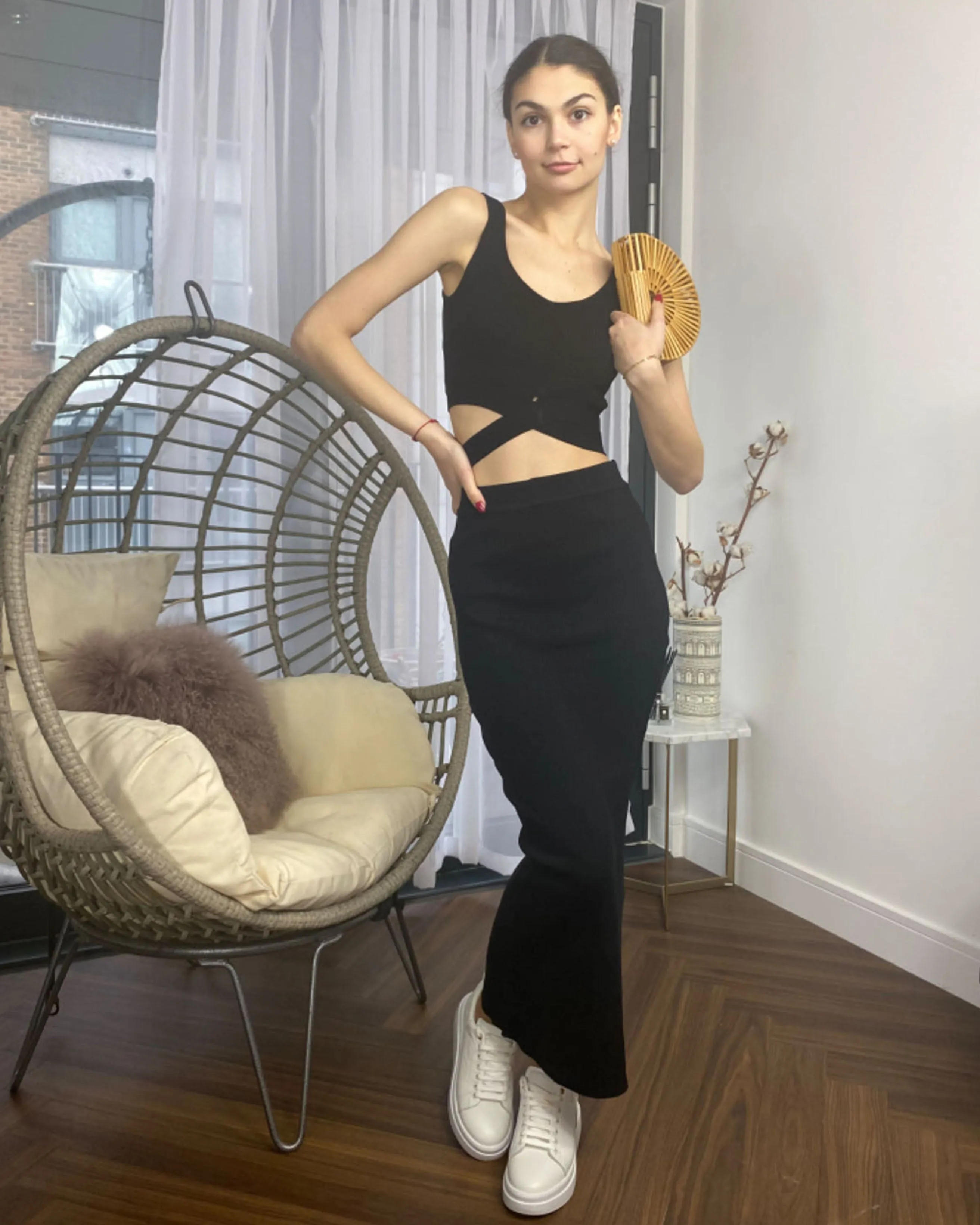 Knitted bodycon style vest top with tie up design and midi pencil skirt co-ords set in Black