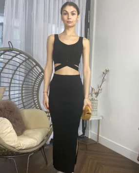 Knitted bodycon style vest top with tie up design and midi pencil skirt co-ords set in Black