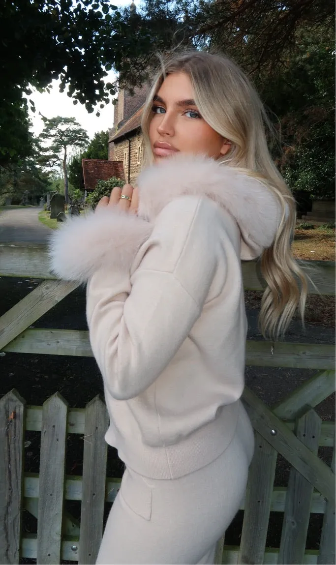 Light Beige Luxury Fur Trim Hood & Cuff Jogger Tracksuit