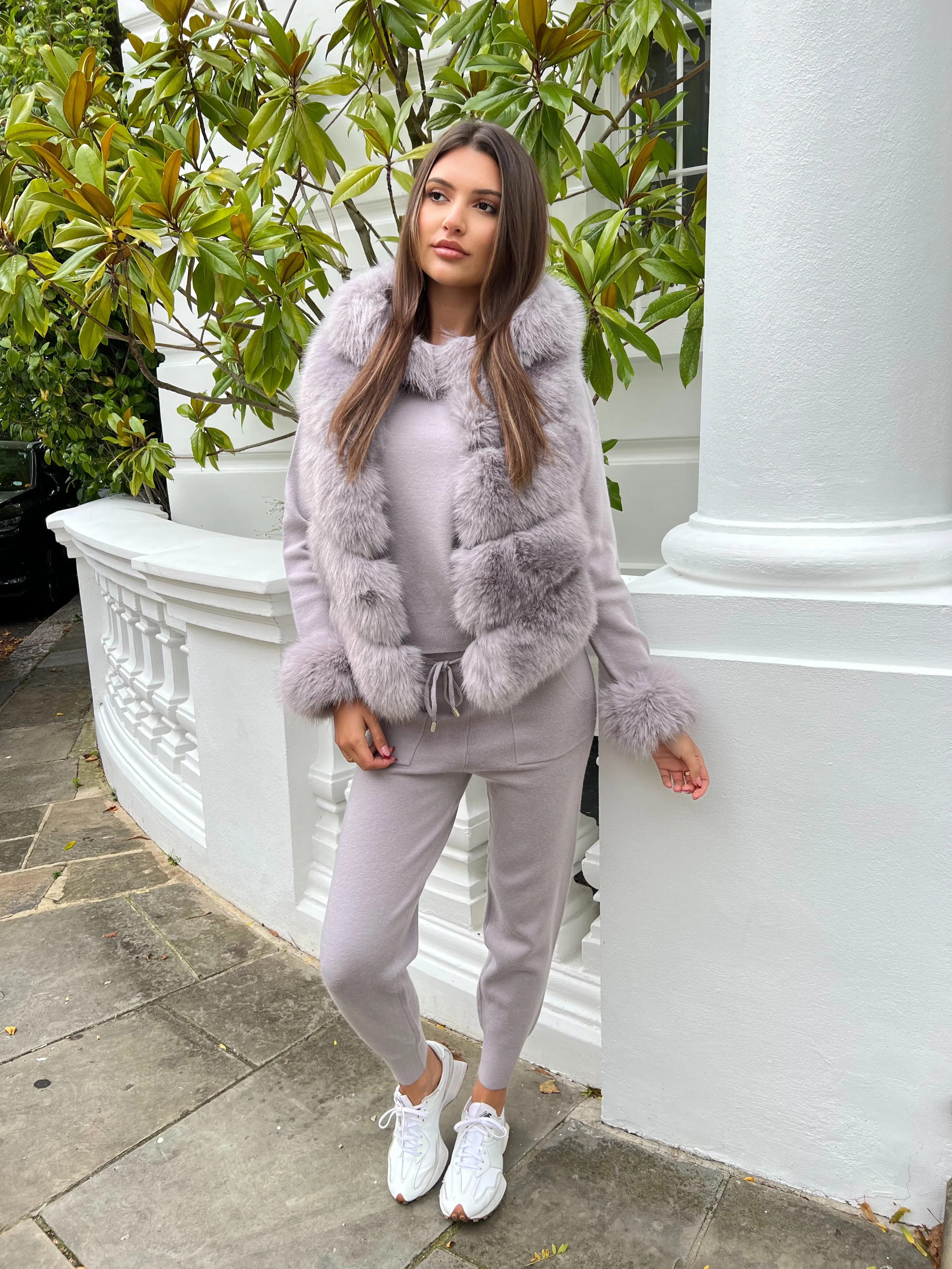 Light Grey Premium Faux Fur Trim Hood & Cuff Jogger Tracksuit