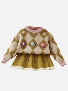 Little Surprise Box 2pcs Occur Diamond Floral Cardigan and Skirt Winterwear set for girls