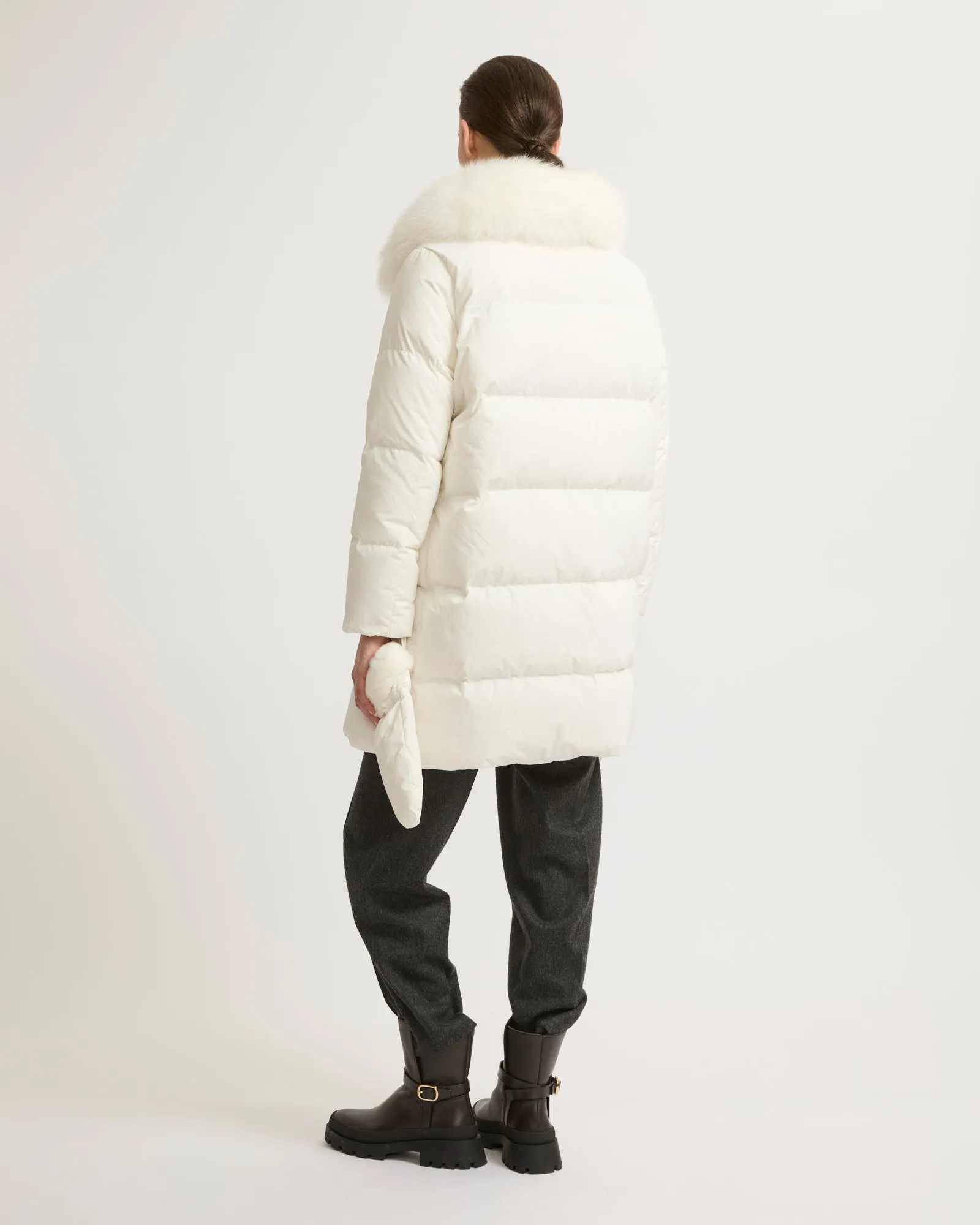 Long belted down jacket in technical fabric with fur collar
