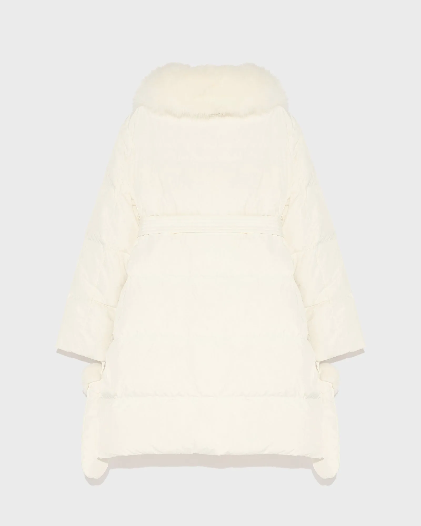 Long belted down jacket in technical fabric with fur collar