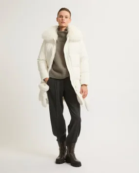 Long belted down jacket in technical fabric with fur collar