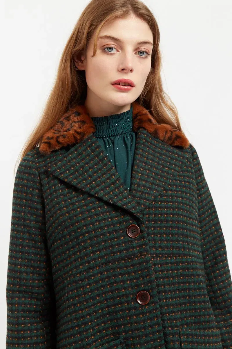 Louche Roksana Cottage Check Faux Fur Collared Coat