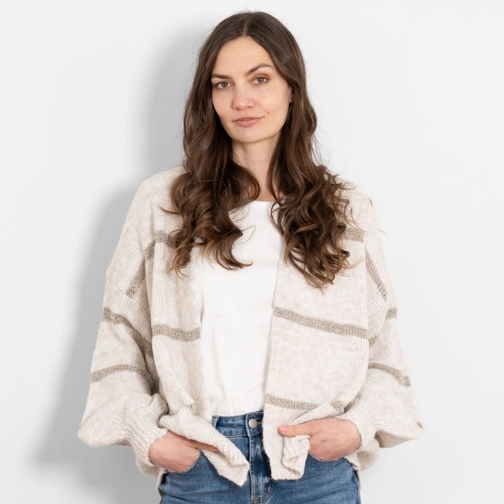 Lucy Wool Blend Cardigan - Cream, Gold/Striped