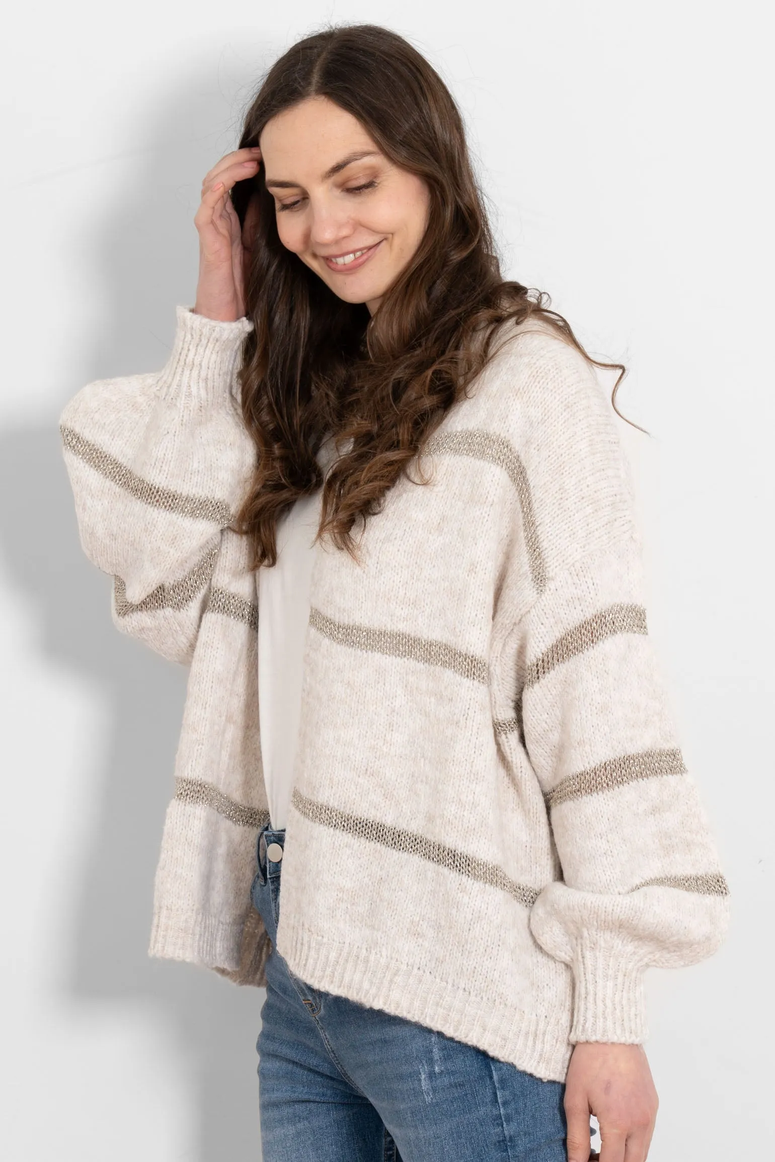 Lucy Wool Blend Cardigan - Cream, Gold/Striped