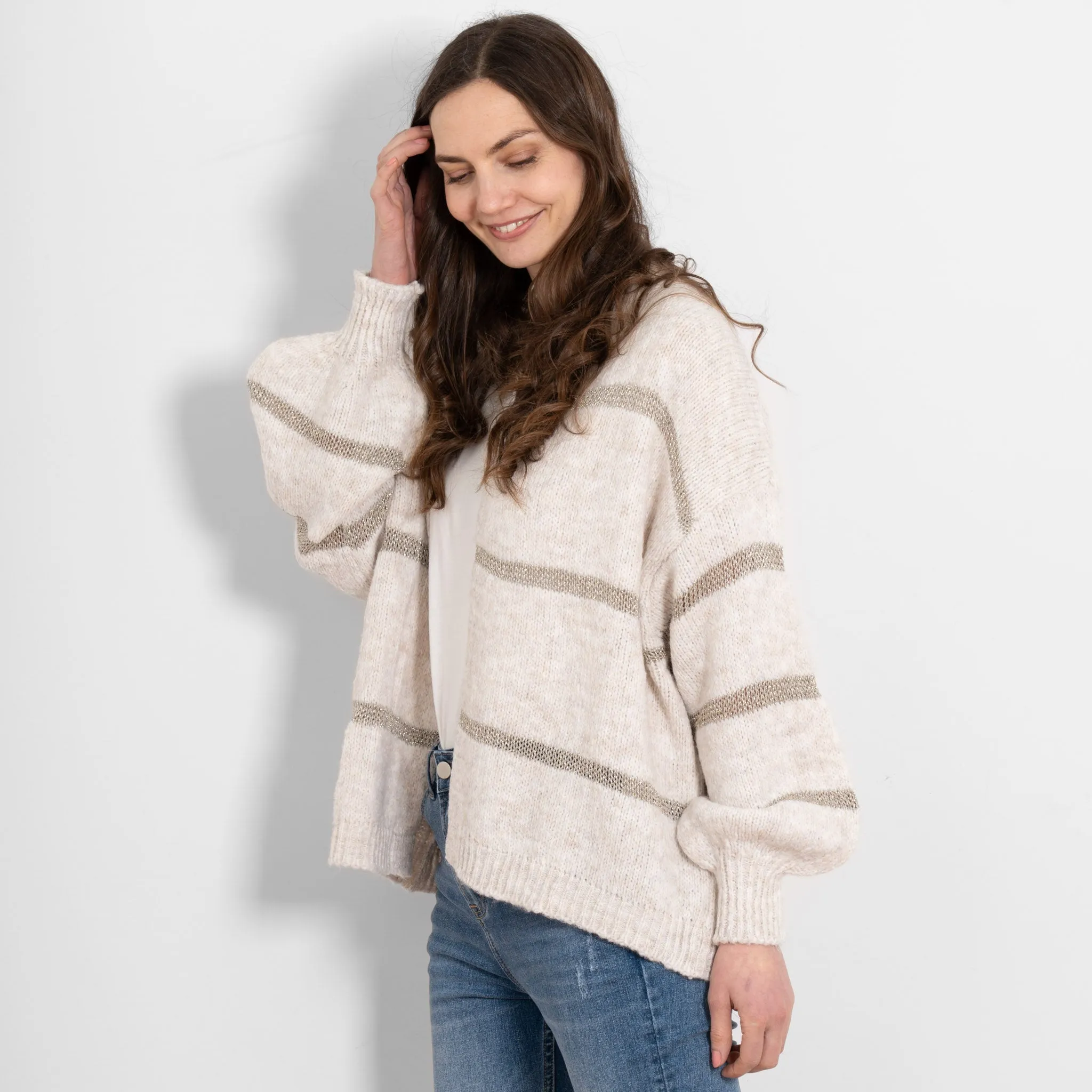 Lucy Wool Blend Cardigan - Cream, Gold/Striped