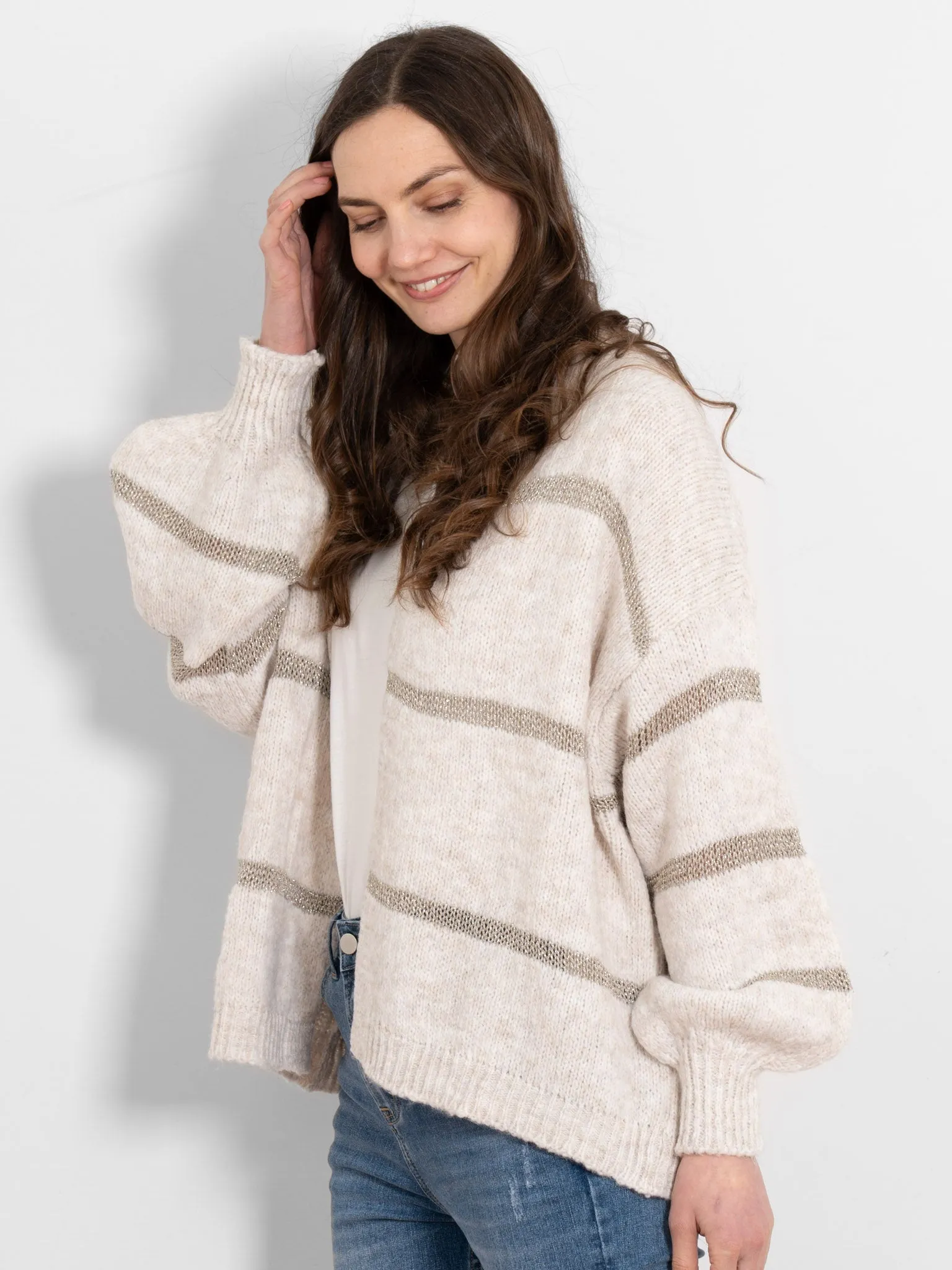 Lucy Wool Blend Cardigan - Cream, Gold/Striped