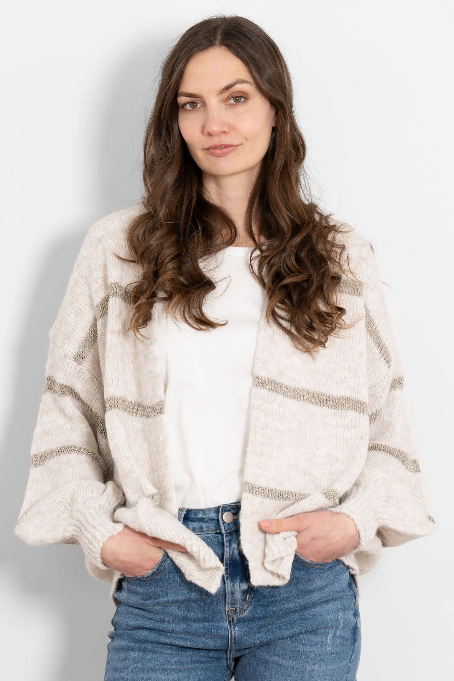 Lucy Wool Blend Cardigan - Cream, Gold/Striped
