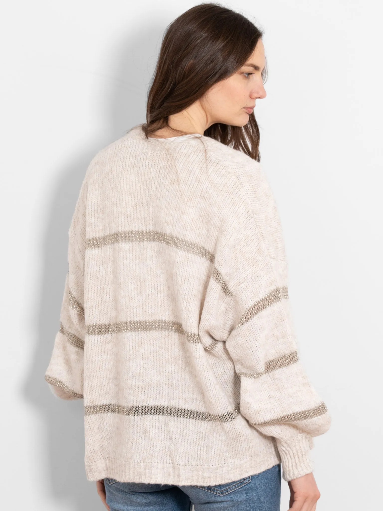 Lucy Wool Blend Cardigan - Cream, Gold/Striped
