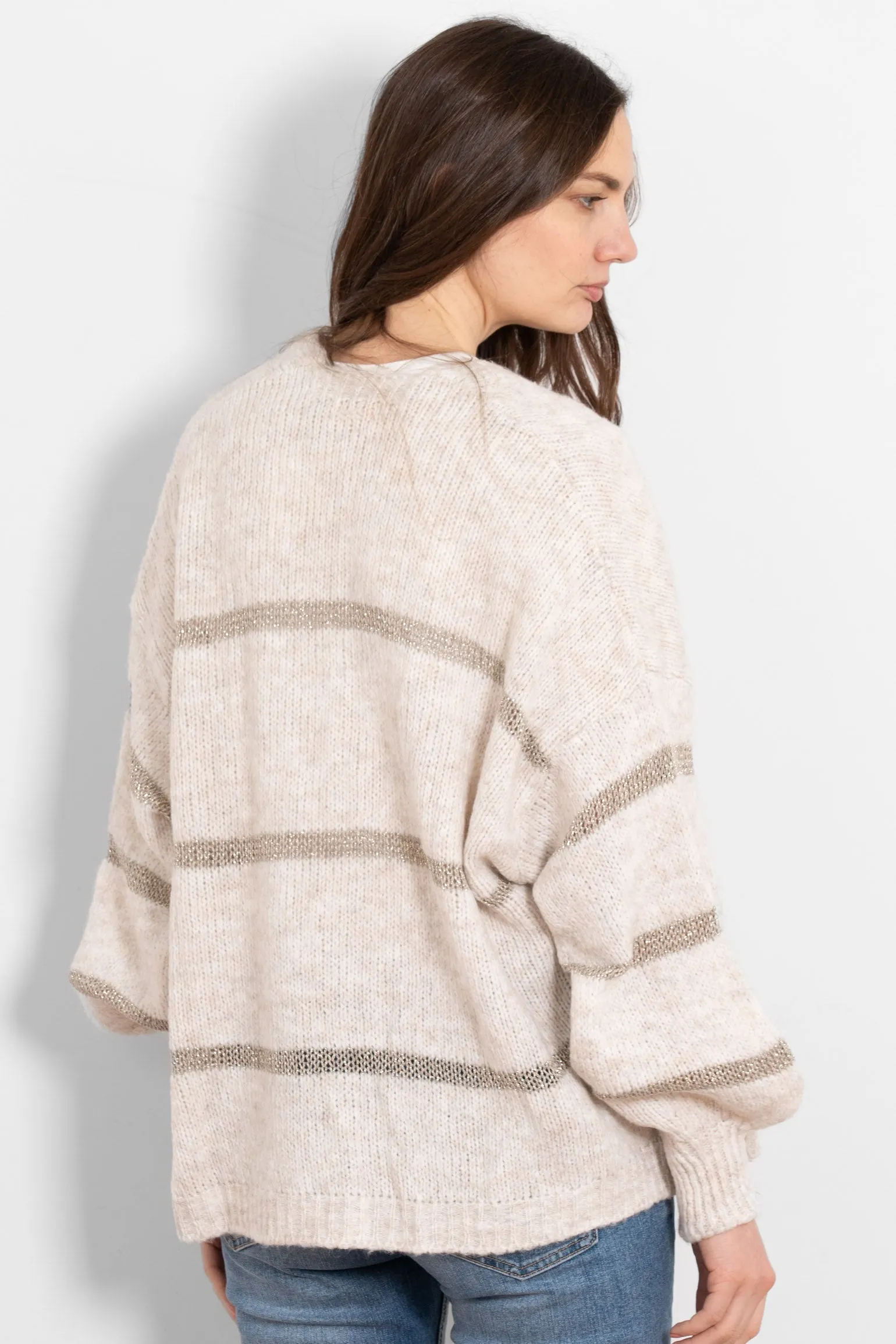 Lucy Wool Blend Cardigan - Cream, Gold/Striped