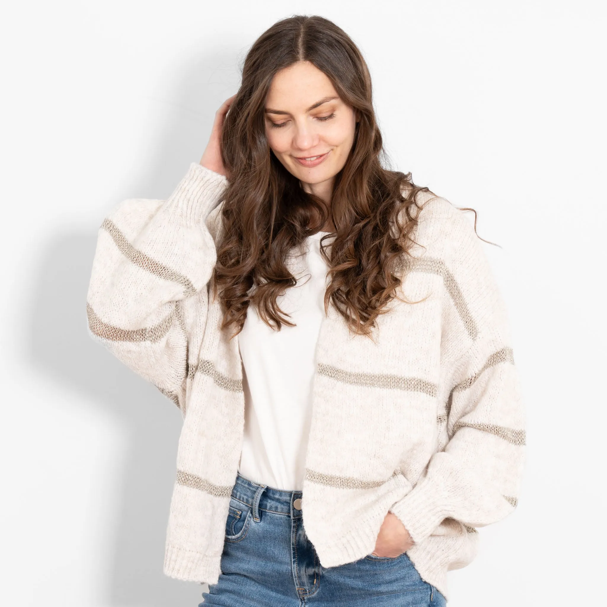 Lucy Wool Blend Cardigan - Cream, Gold/Striped