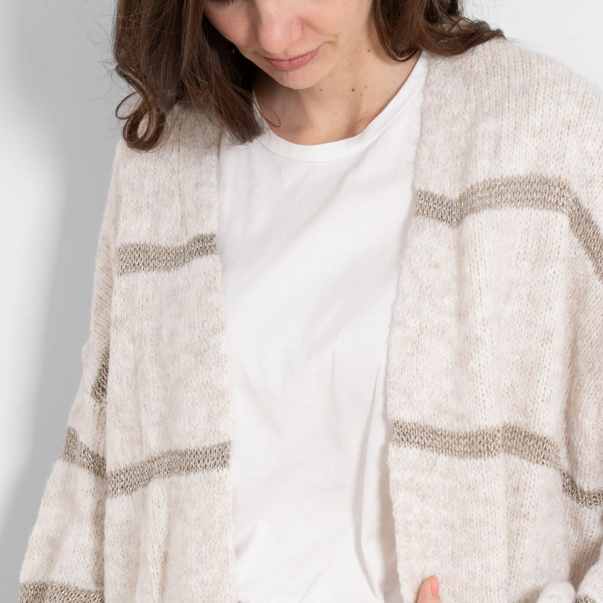 Lucy Wool Blend Cardigan - Cream, Gold/Striped
