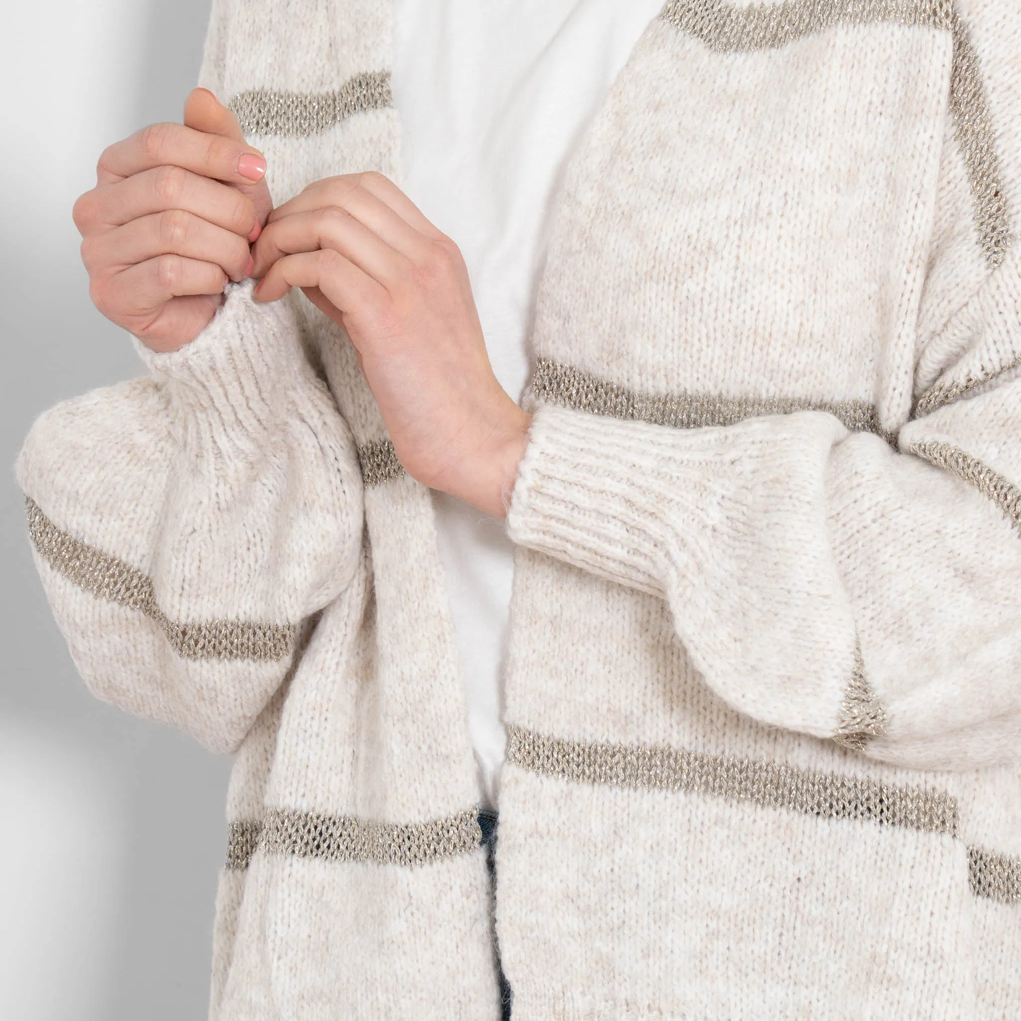 Lucy Wool Blend Cardigan - Cream, Gold/Striped