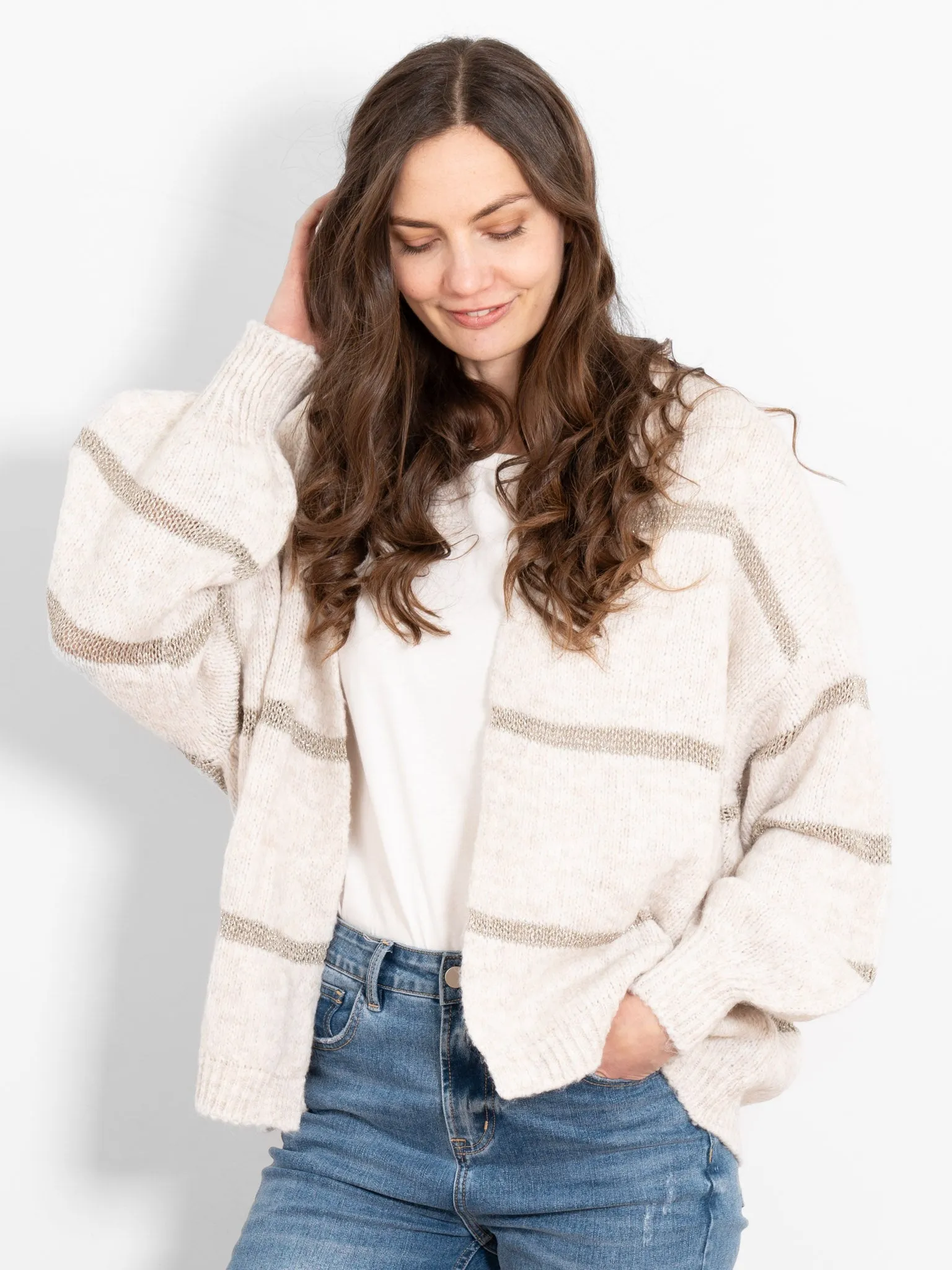 Lucy Wool Blend Cardigan - Cream, Gold/Striped