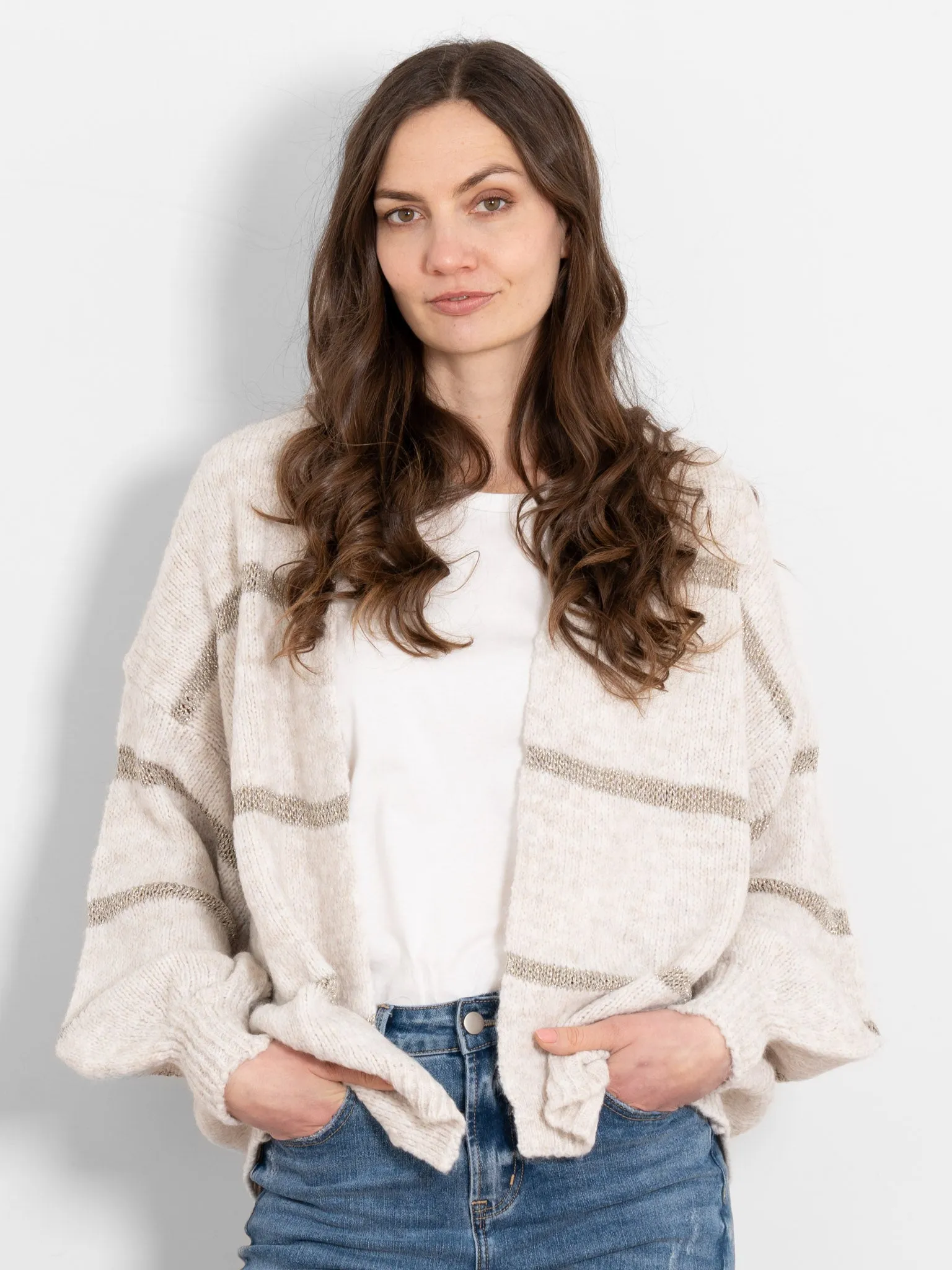 Lucy Wool Blend Cardigan - Cream, Gold/Striped
