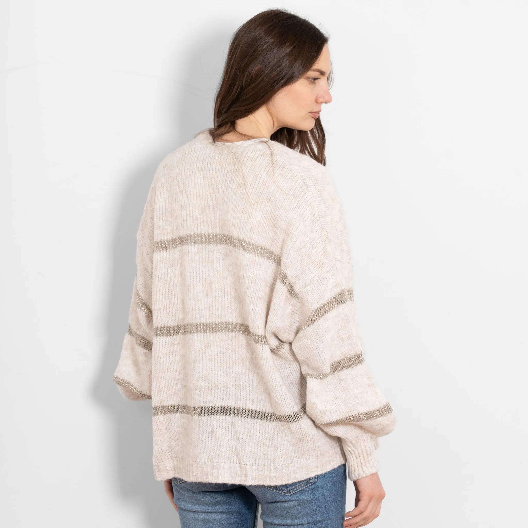 Lucy Wool Blend Cardigan - Cream, Gold/Striped