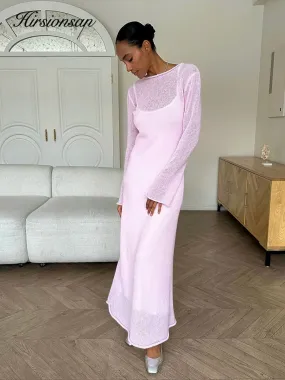 LVSANW Hirsionsan Spring Autumn O-Neck Elastic Knit Long Dresses Women 2024 Elegant Chic Soft Lady Hollowing Sweater Dresses Femme New