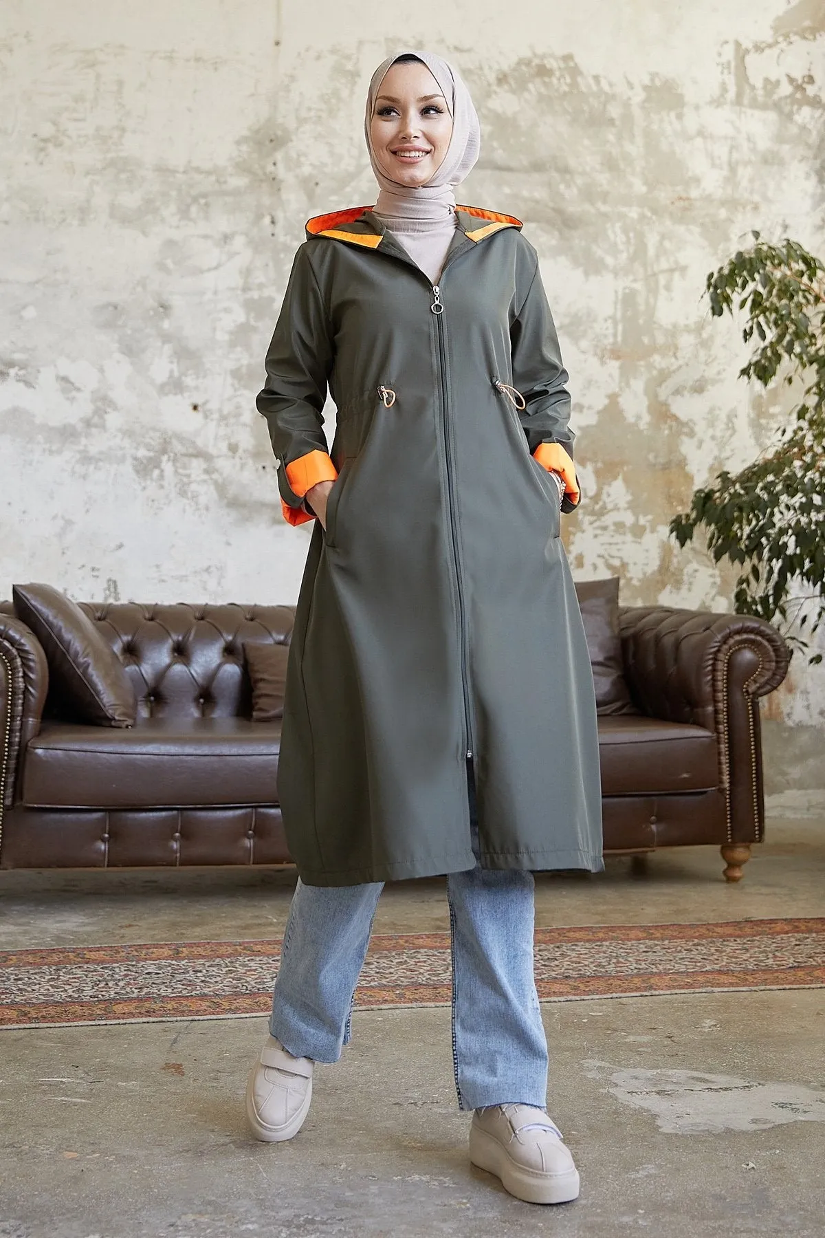 MDS Women Waist Ruffled Hooded Neon Trench Coat - Khaki \ Orange - Launceston