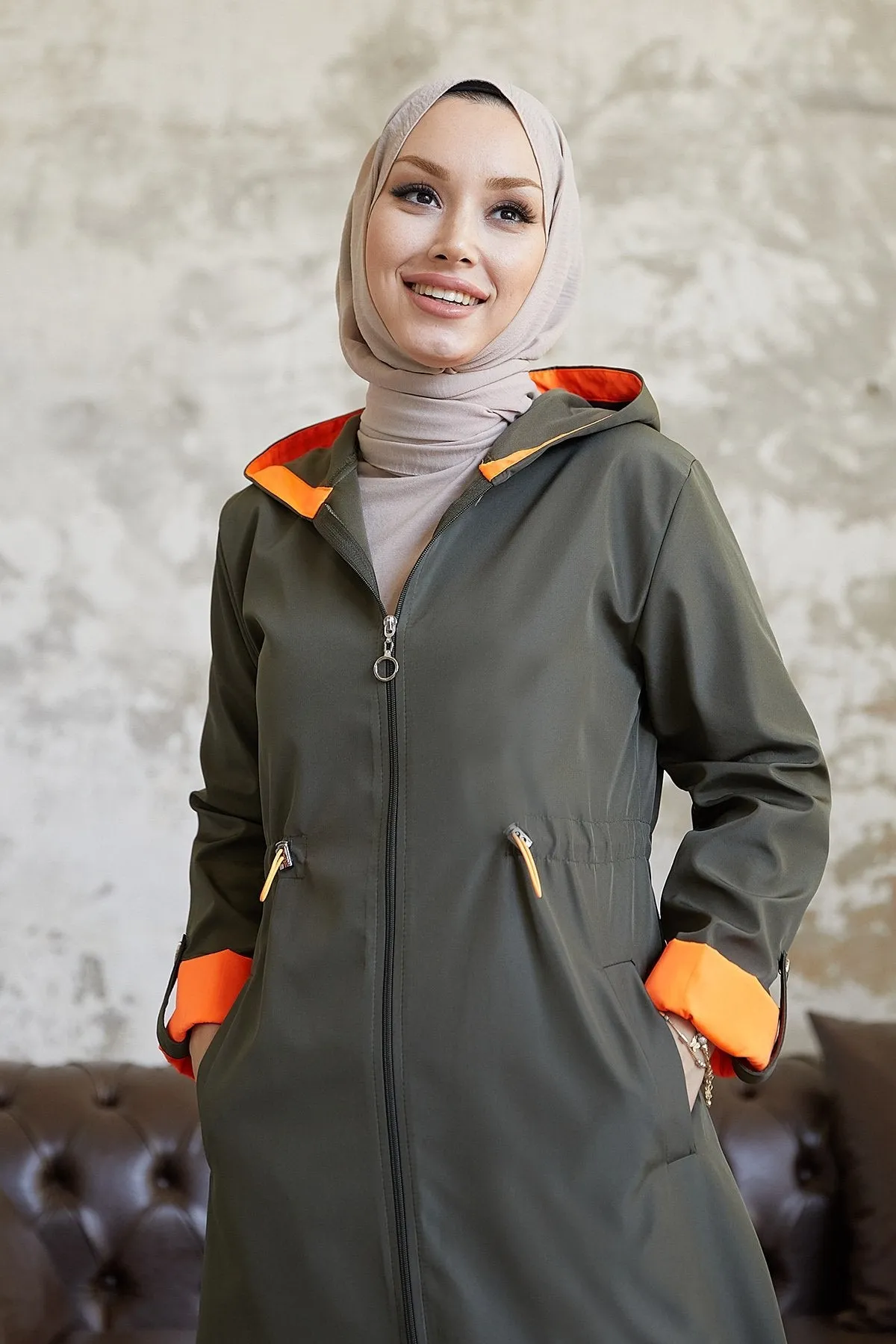 MDS Women Waist Ruffled Hooded Neon Trench Coat - Khaki \ Orange - Launceston