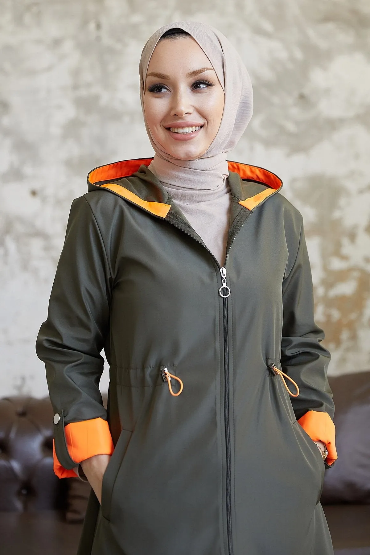 MDS Women Waist Ruffled Hooded Neon Trench Coat - Khaki \ Orange - Launceston