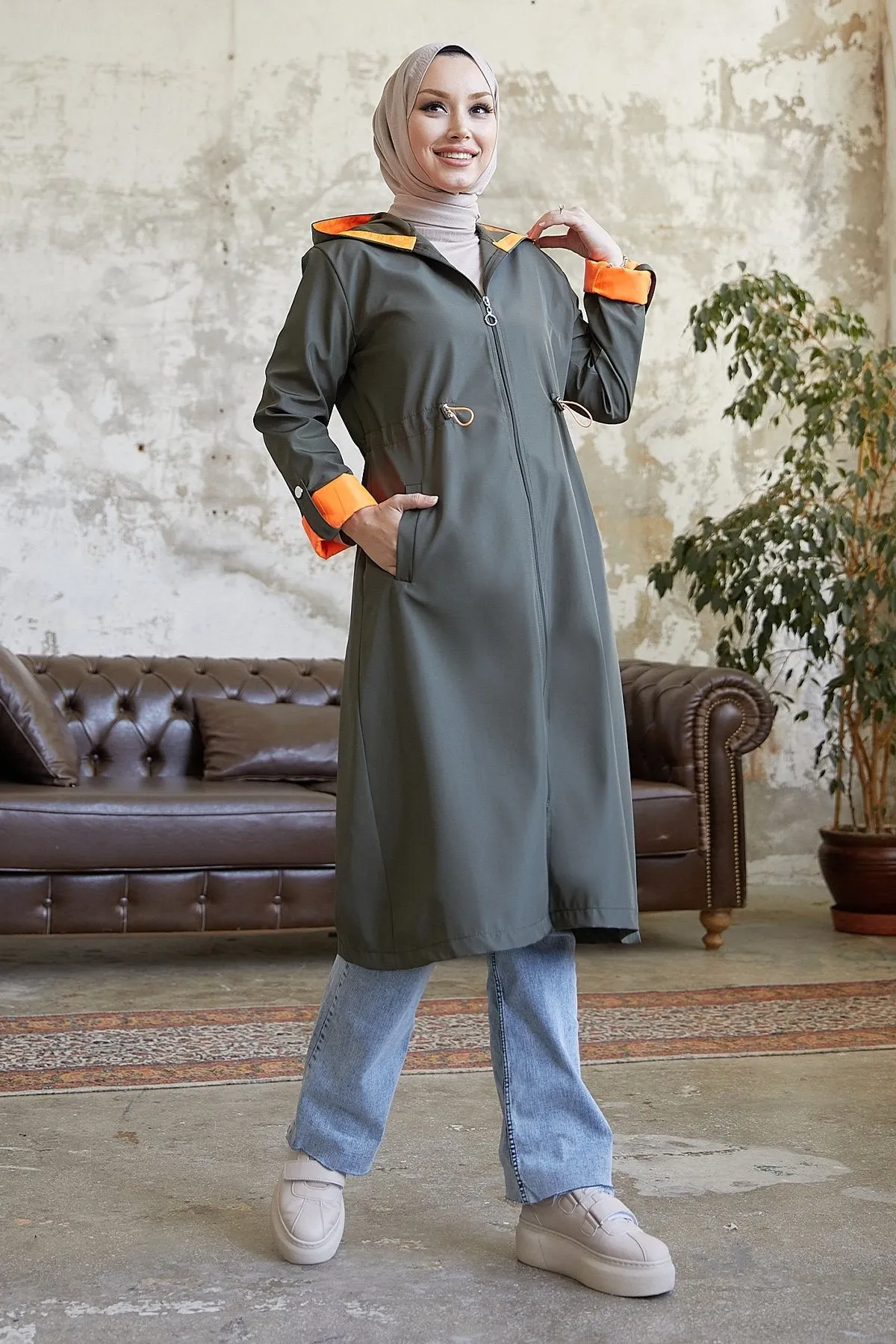 MDS Women Waist Ruffled Hooded Neon Trench Coat - Khaki \ Orange - Launceston