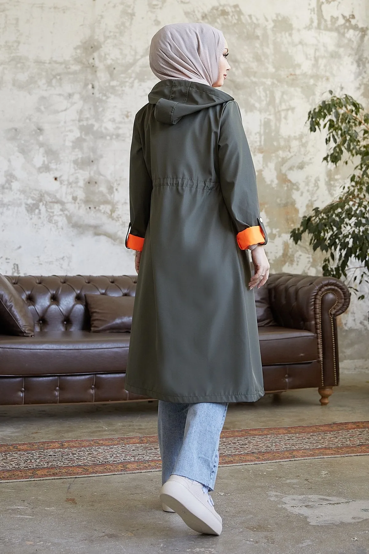MDS Women Waist Ruffled Hooded Neon Trench Coat - Khaki \ Orange - Launceston