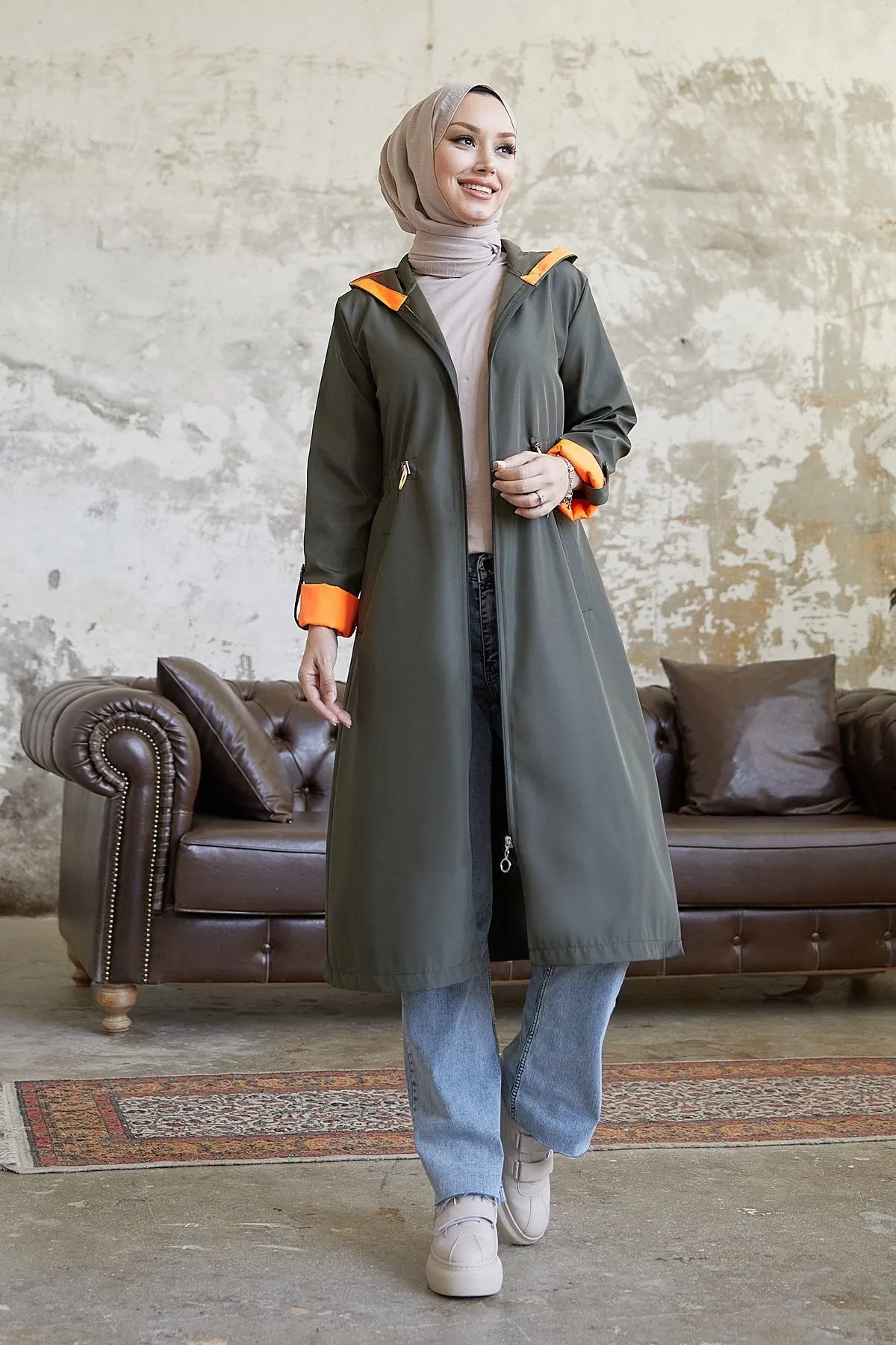 MDS Women Waist Ruffled Hooded Neon Trench Coat - Khaki \ Orange - Launceston