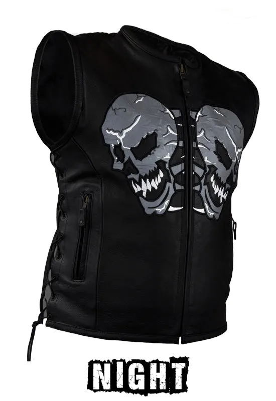 Mens Leather Vest With Skulls On Front & Back