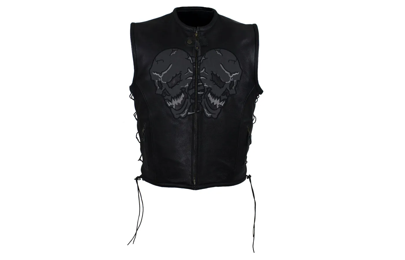 Mens Leather Vest With Skulls On Front & Back