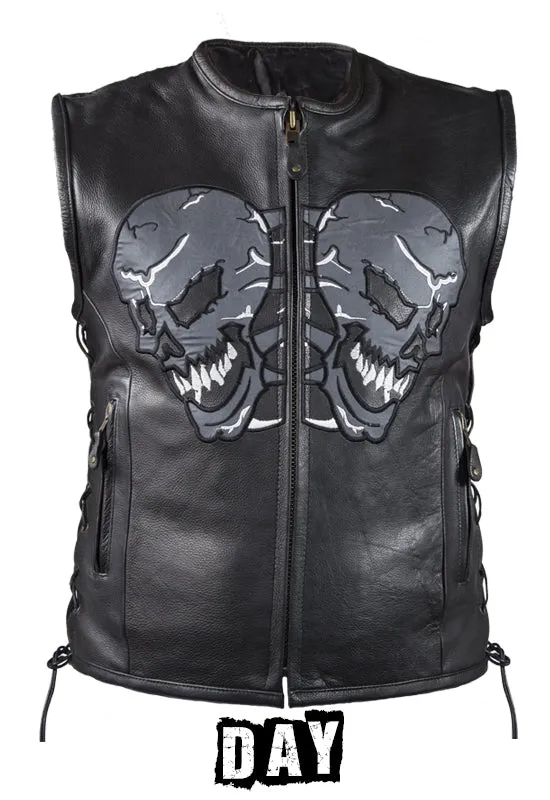 Mens Leather Vest With Skulls On Front & Back