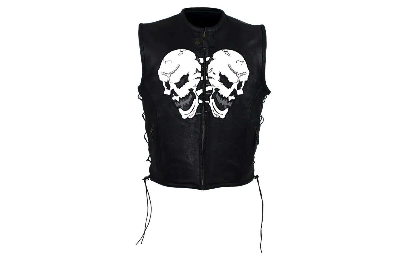 Mens Leather Vest With Skulls On Front & Back