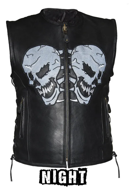 Mens Leather Vest With Skulls On Front & Back