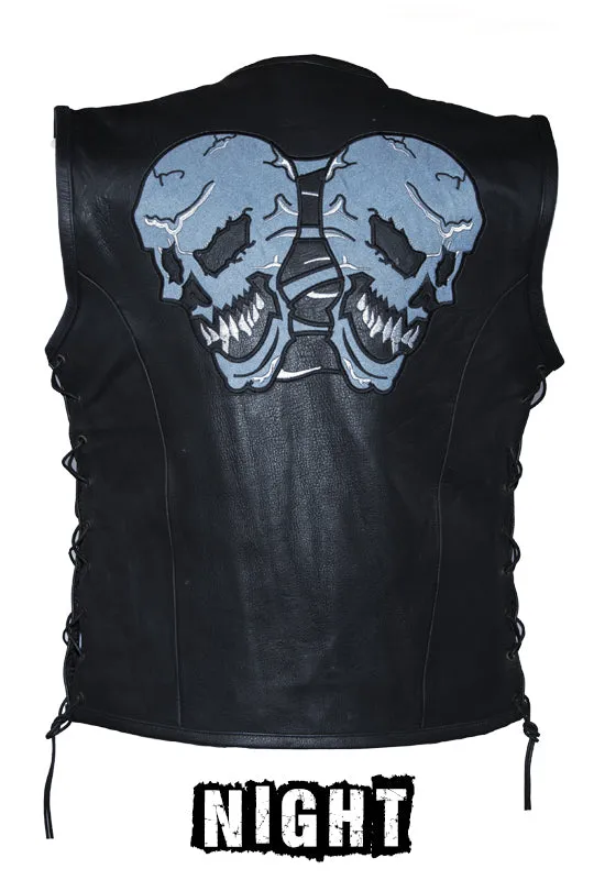 Mens Leather Vest With Skulls On Front & Back