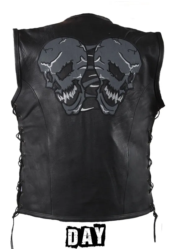 Mens Leather Vest With Skulls On Front & Back