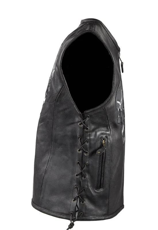 Mens Leather Vest With Skulls On Front & Back
