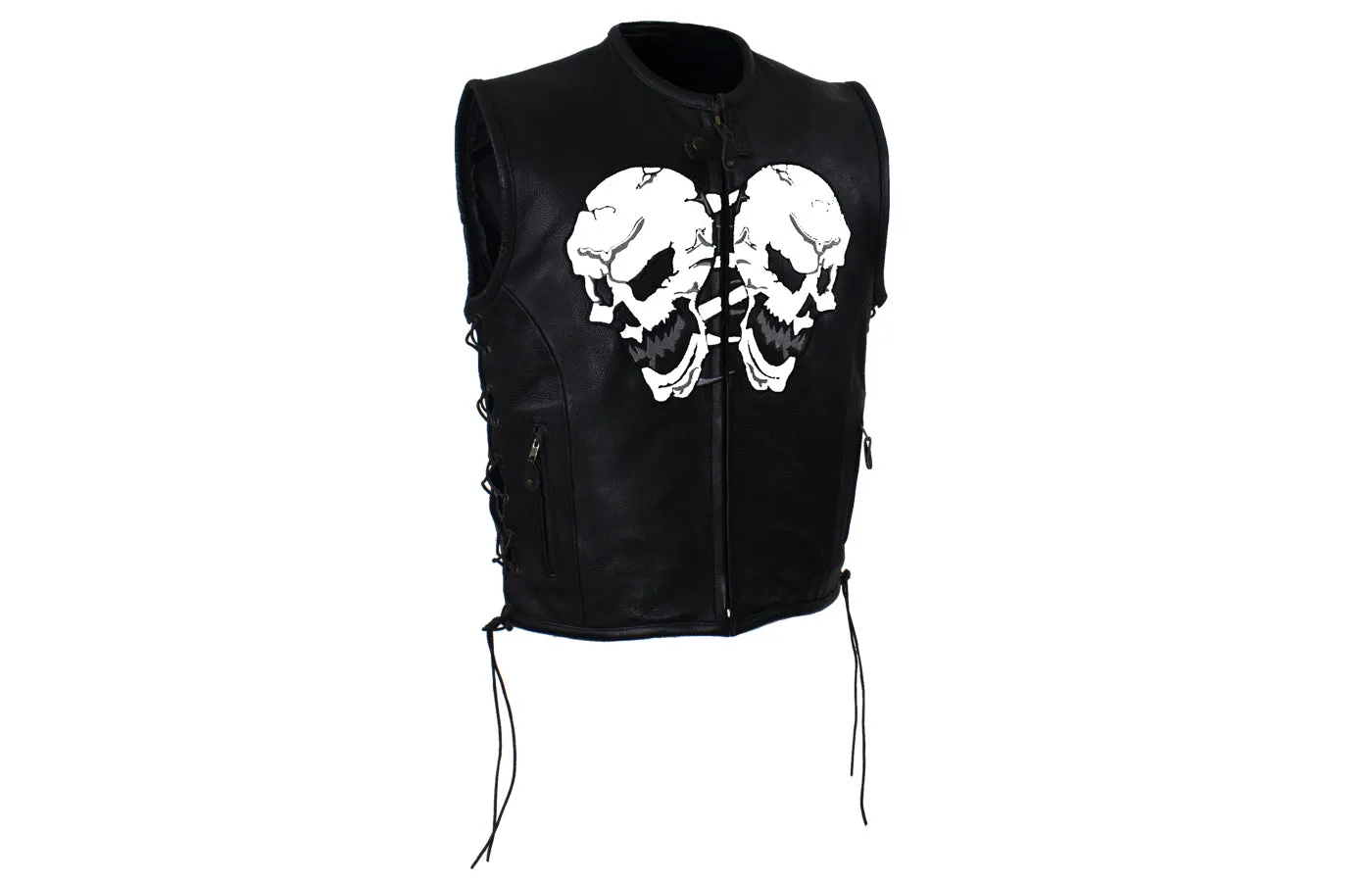 Mens Leather Vest With Skulls On Front & Back