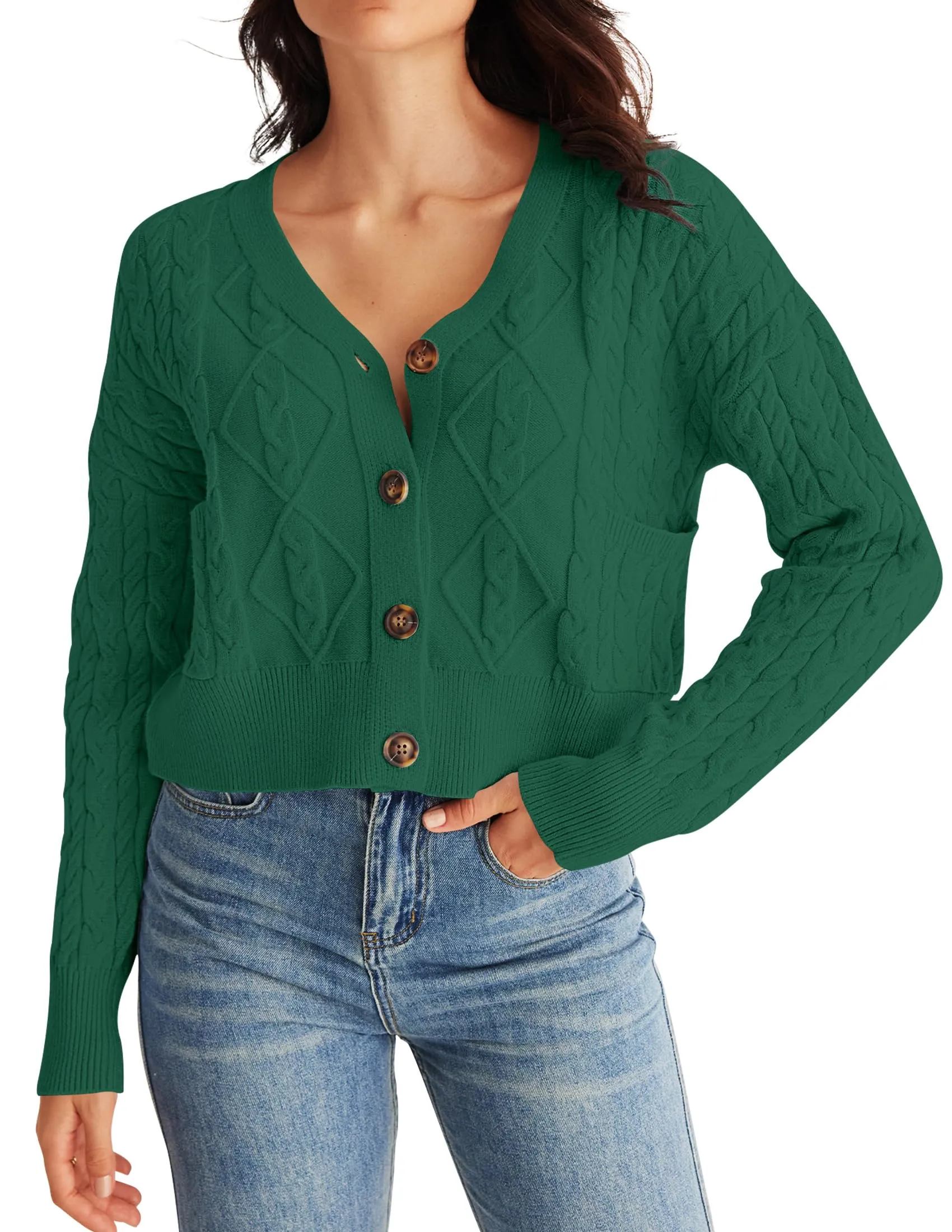 MEROKEETY Long Sleeve Open Front Cable Knit Crop Cardigan