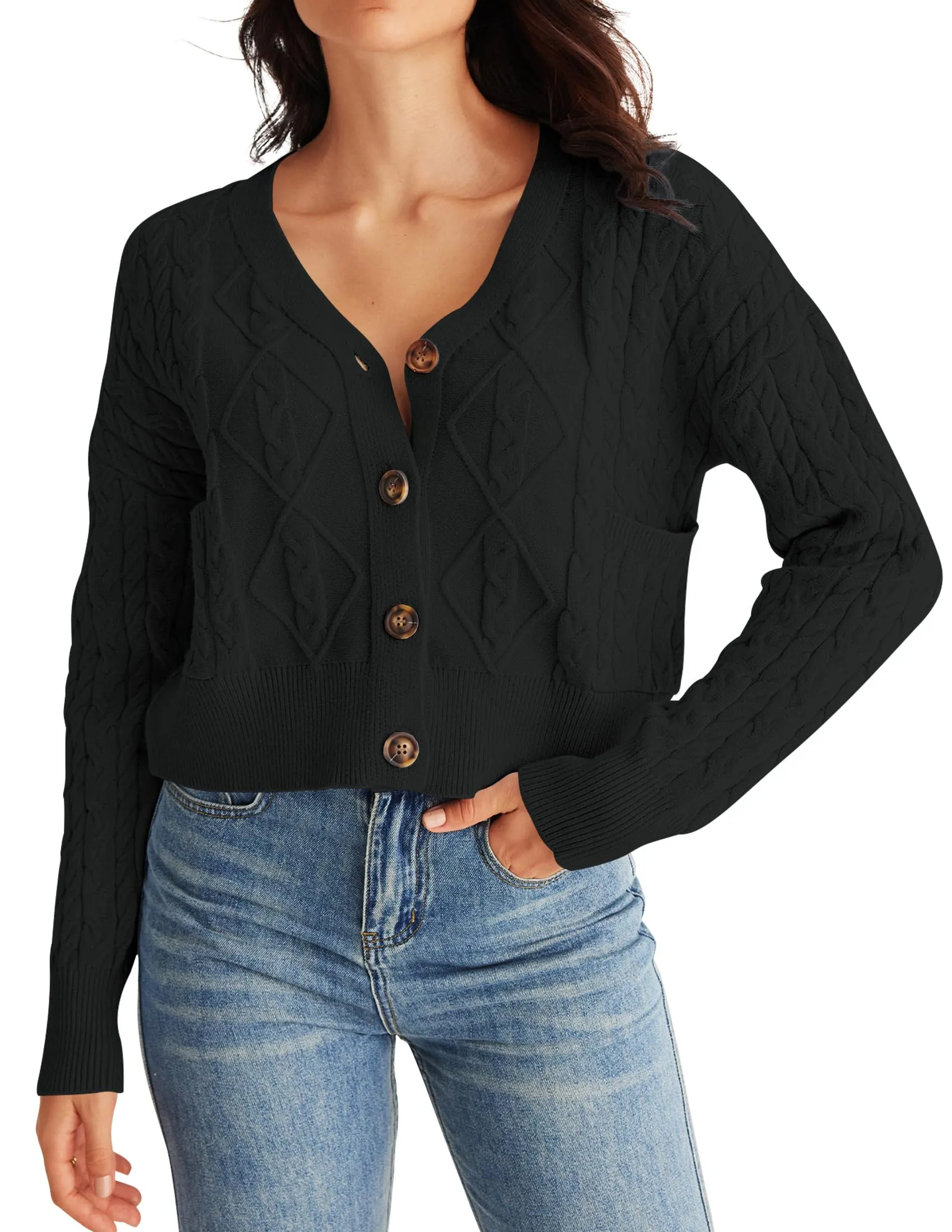 MEROKEETY Long Sleeve Open Front Cable Knit Crop Cardigan